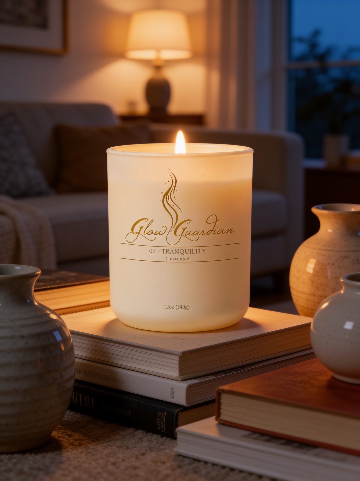 A lit Glow Guardian candle glowing in a cozy living room
