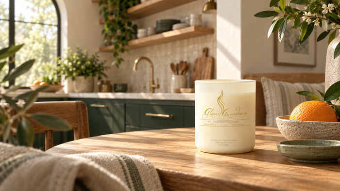 89 Summer Sunburst candle on a sunlit kitchen breakfast table beside a bowl of oranges