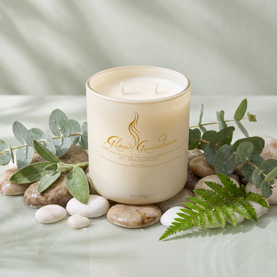 A Glow Guardian Tranquility candle with eucalyptus and smooth stones