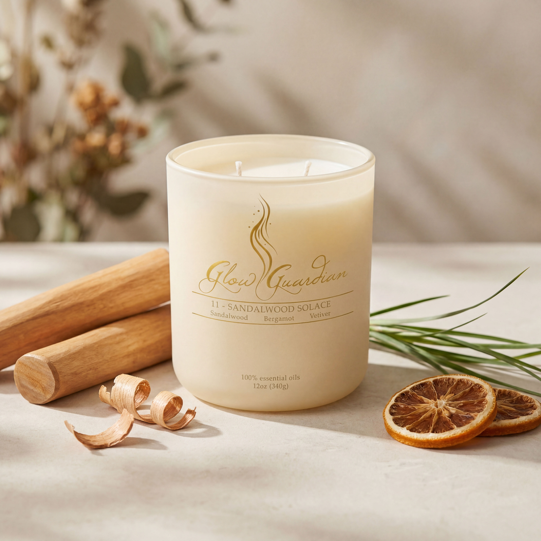 A Glow Guardian Sandalwood Solace candle with sandalwood and dried orange