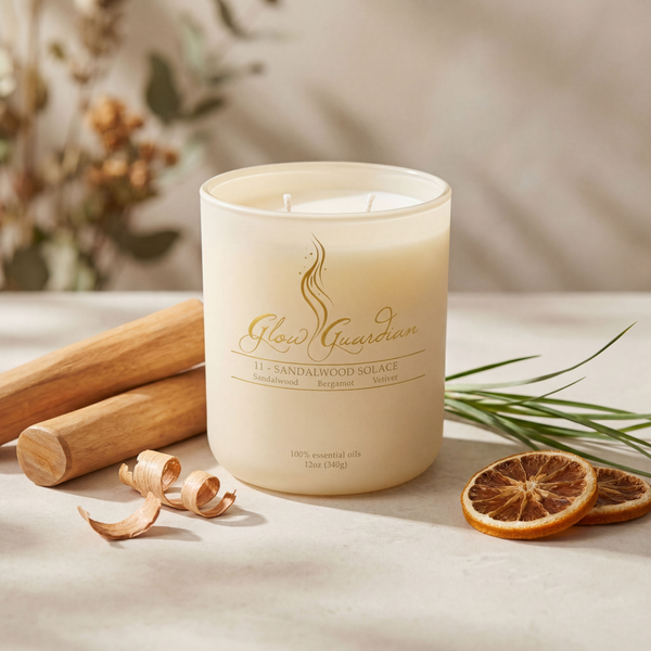 A Glow Guardian Sandalwood Solace candle with sandalwood and dried orange