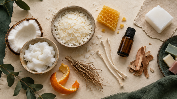 Editorial still life of candle wax, cotton wicks, beeswax, essential oils, botanicals, and comparison wax materials