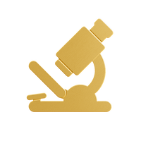Gold-colored icon of a microscope on a white background