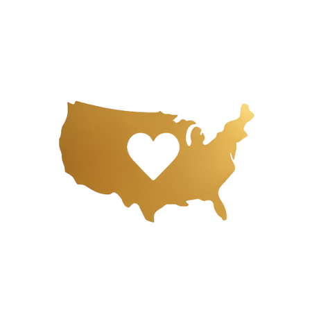 Gold-colored map of the United States with a heart in the center on a white background