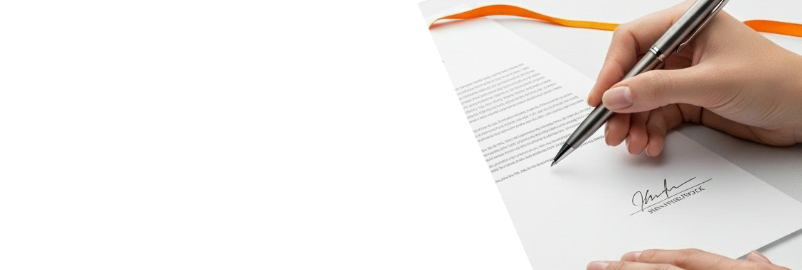 Hand holding a pen signing a document on a white background