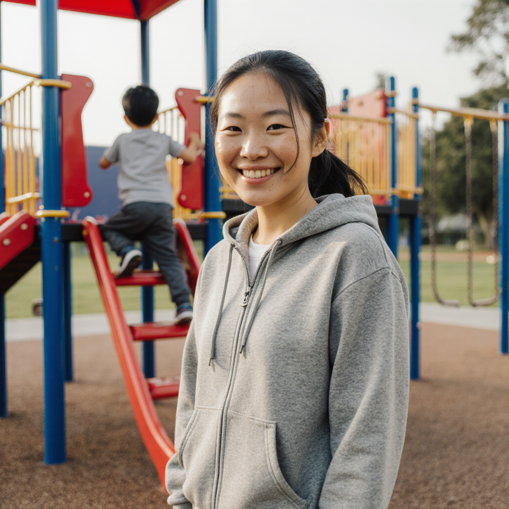 Woman in a gray hoodie standing in front of a playground with a child on a slide in the background.
