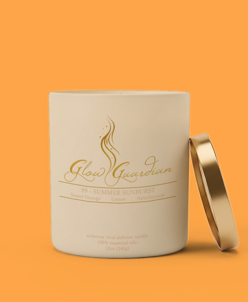 Candle jar with 'Glow Guardian' branding on an orange background