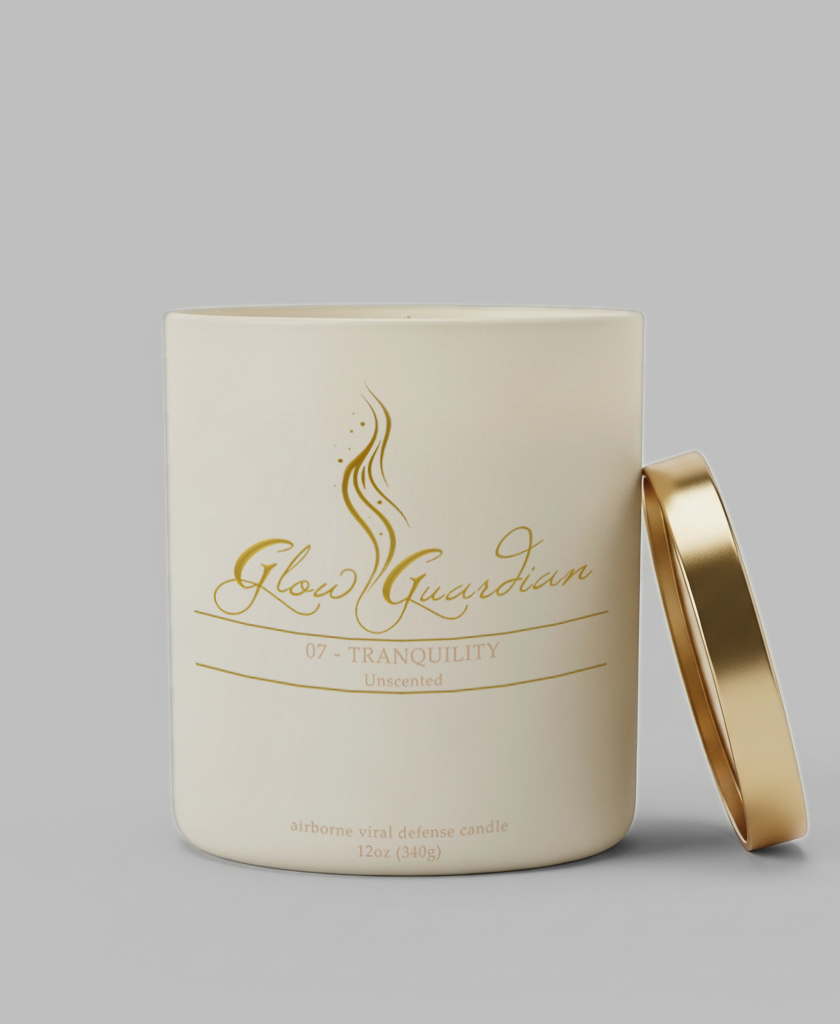Candle with 'Glow Guardian' branding on a gray background