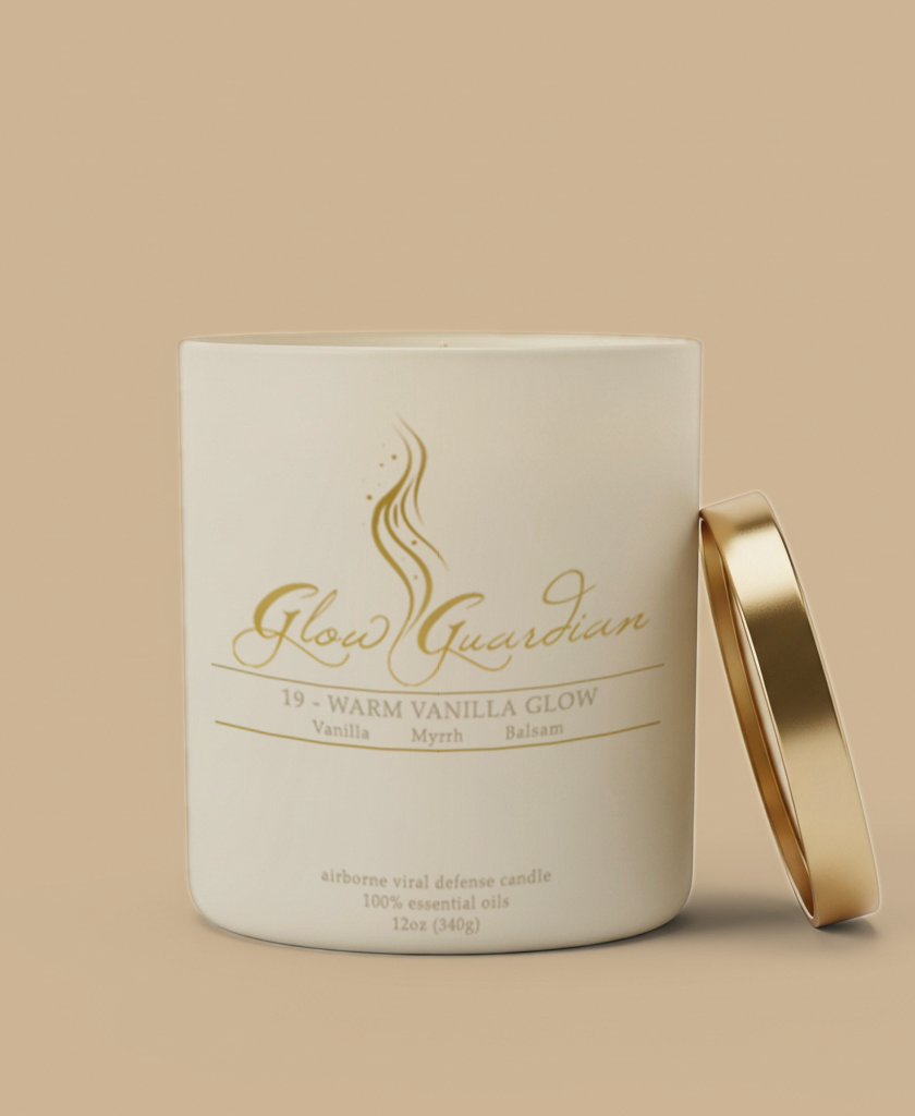 Candle with 'Glow Guardian' branding on a beige background