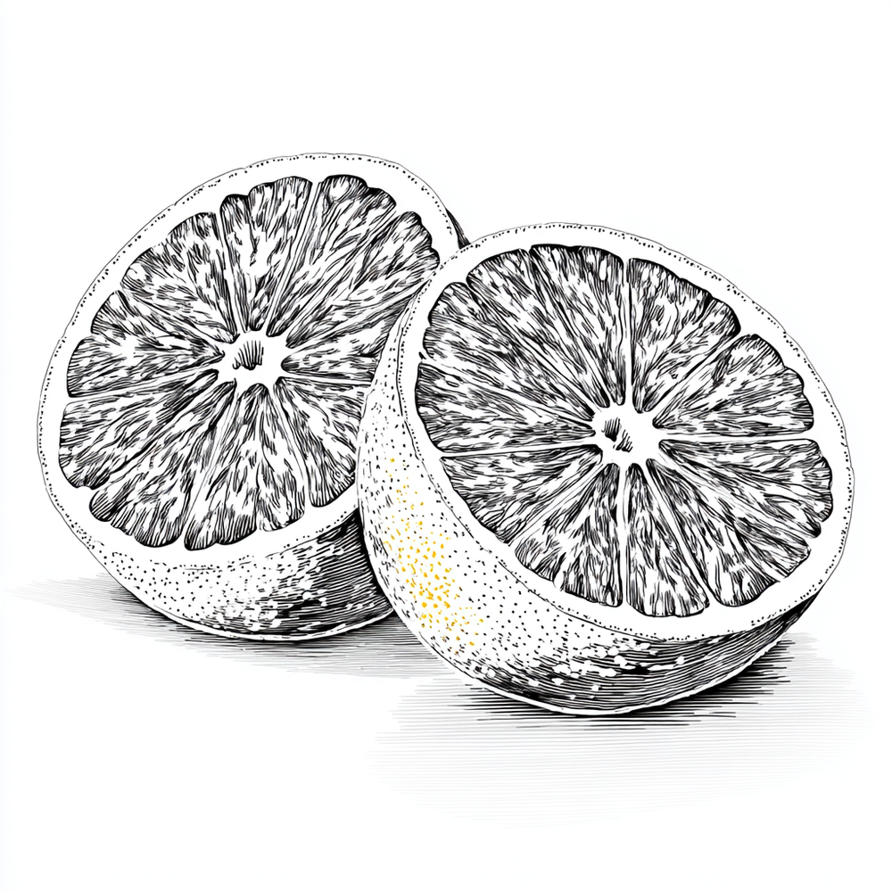 Black and white illustration of a sliced lemon on a white background