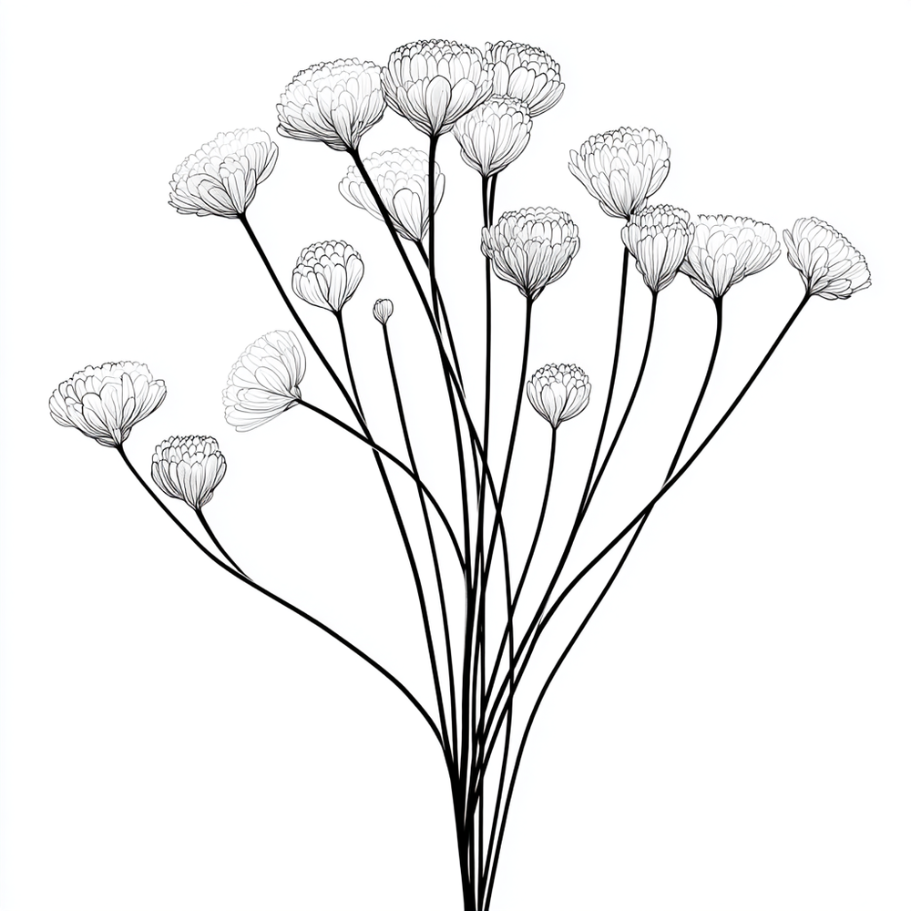 Black and white line drawing of a floral branch with multiple flowers.