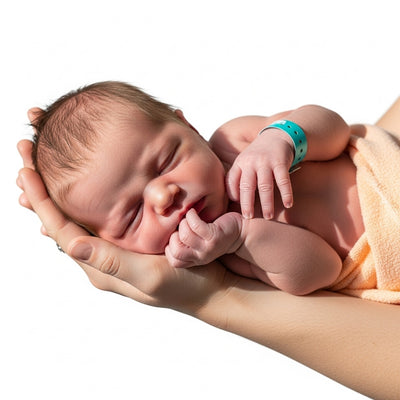 Newborn baby being held with a white background