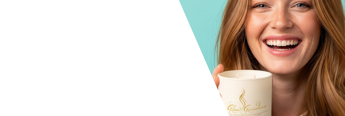 Woman holding a white mug with a logo against a light blue and white background