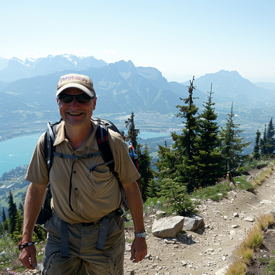 Hiker on a trail with mountains and a lake in the background