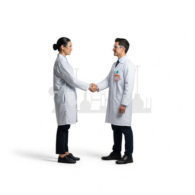 male scientist shaking hands with female scientist