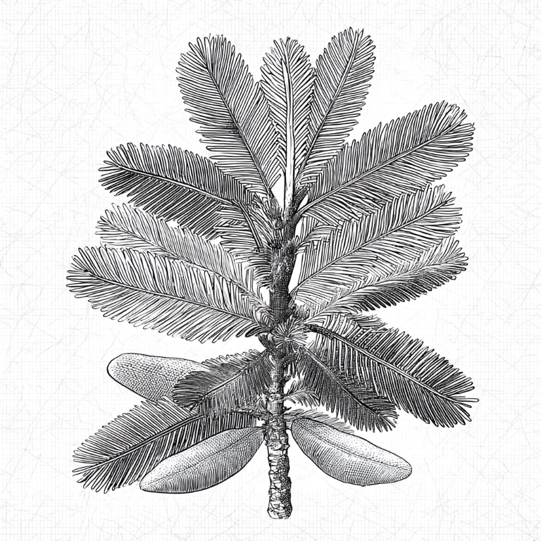 Black and white illustration of a plant branch with leaves
