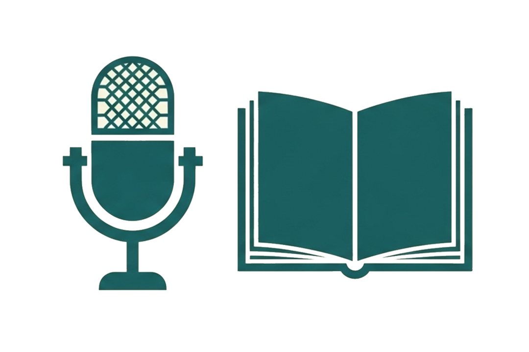 Teal microphone and open book icon on a white background
