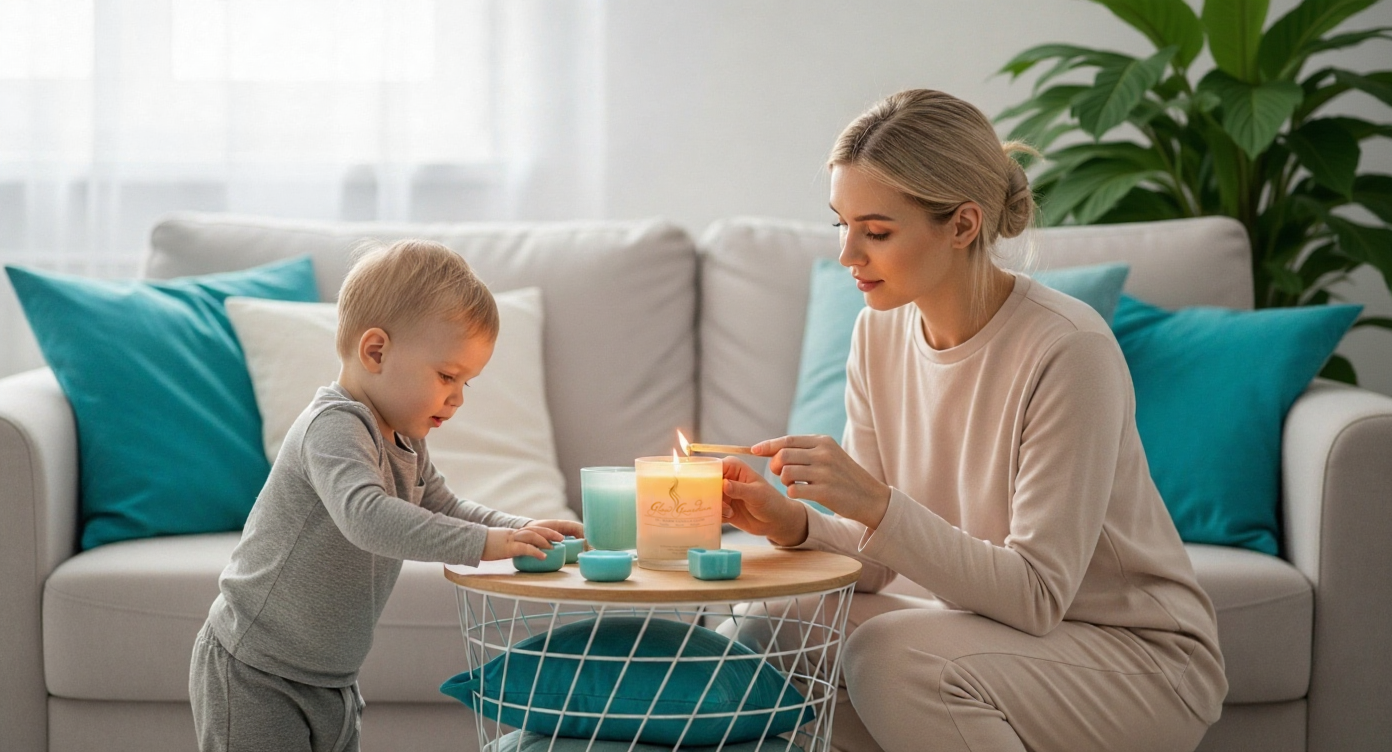 Woman and child playing with candles on a small table in a living room.