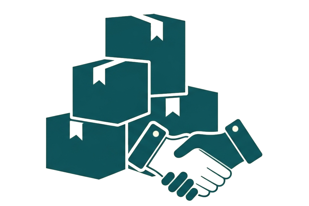 Icon of a handshake between two hands with boxes stacked behind them on a white background