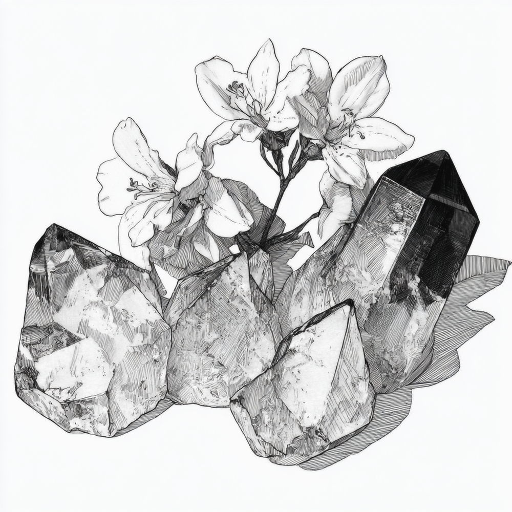 Illustration of crystals and flowers on a white background