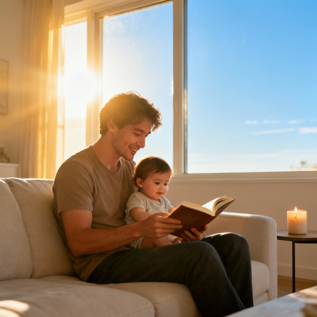 Man reading a book to a child on a couch with a bright window in the background