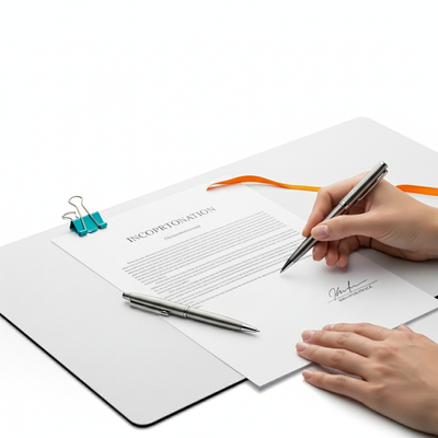 Hand holding a pen over a document on a white background
