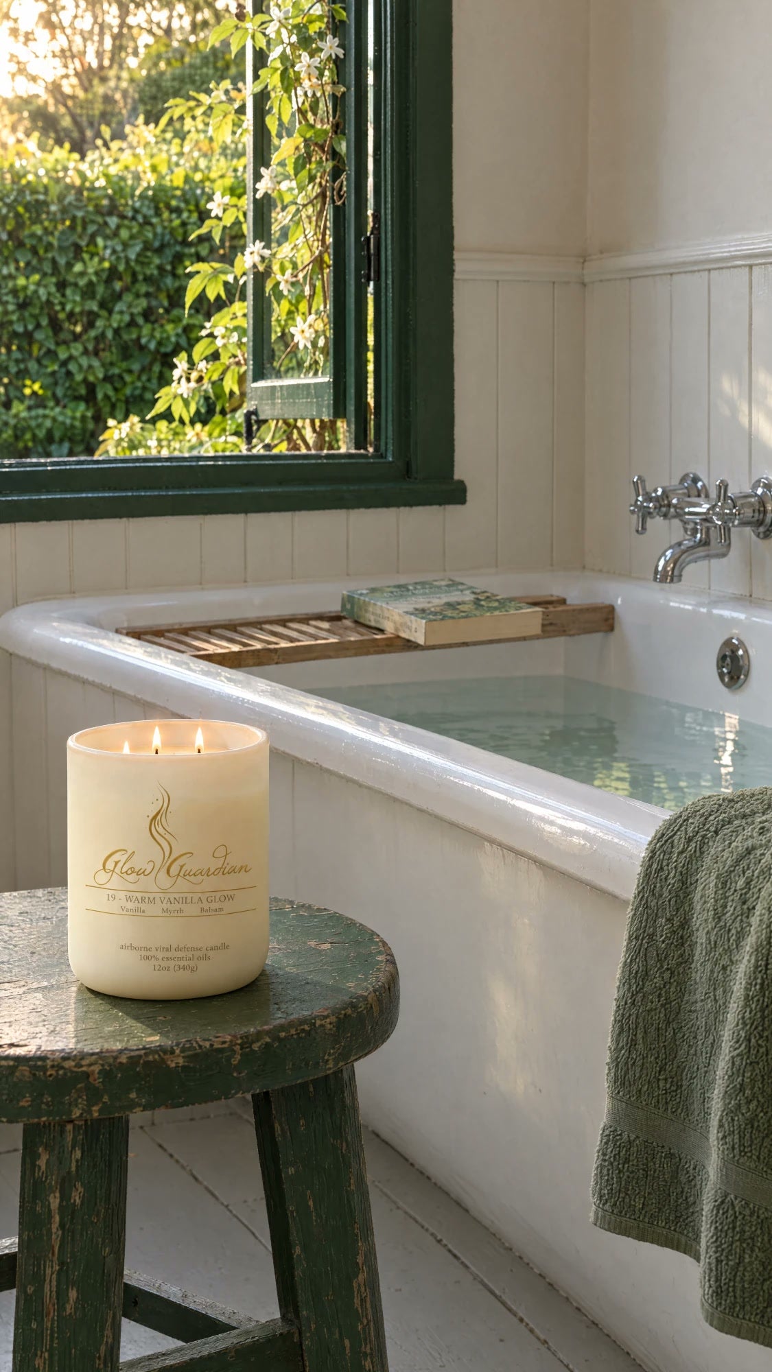 Candle on a stool beside the bath