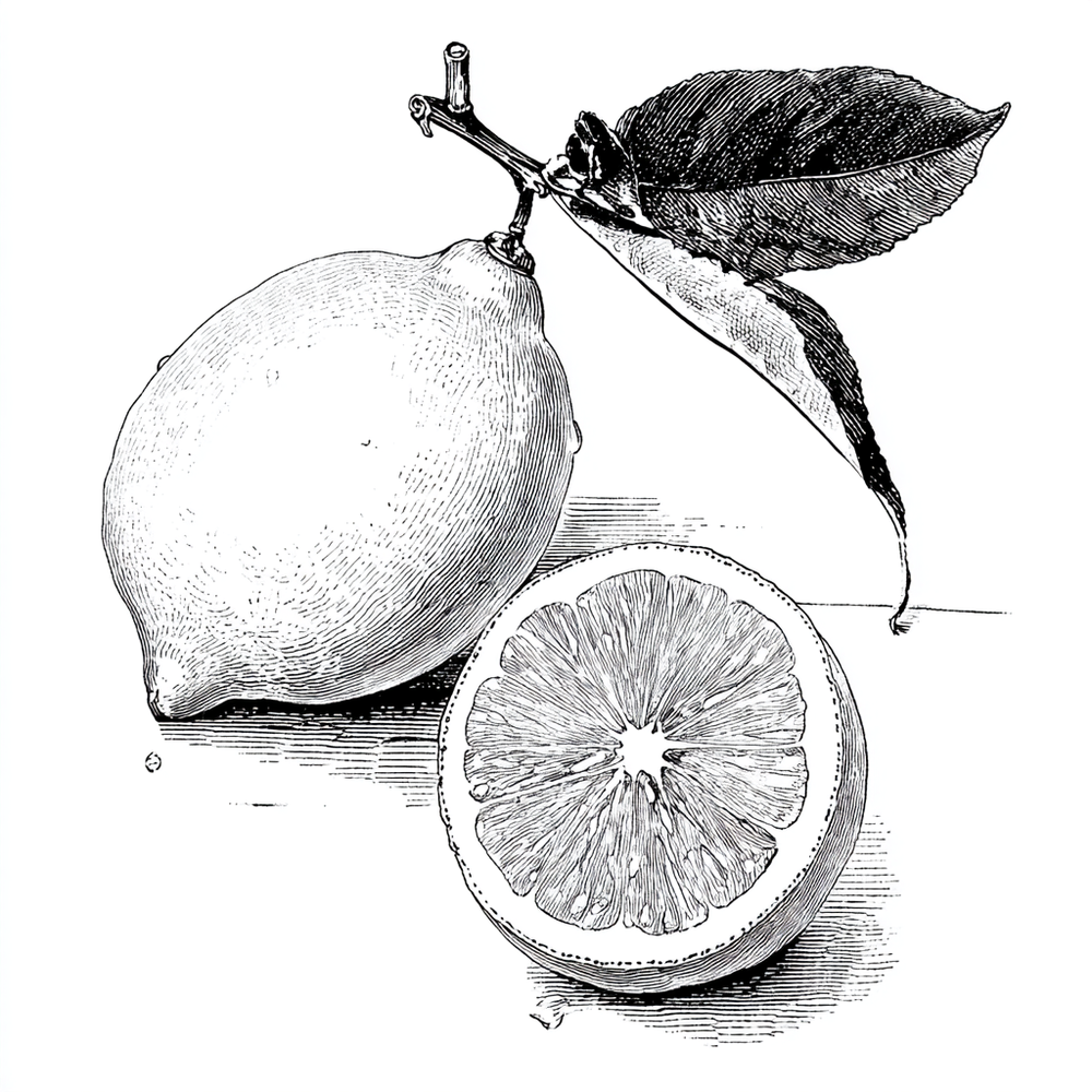 Black and white illustration of a lemon with a halved lemon showing the interior.