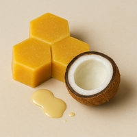 Beeswax in hexagonal blocks and a halved coconut on a beige background