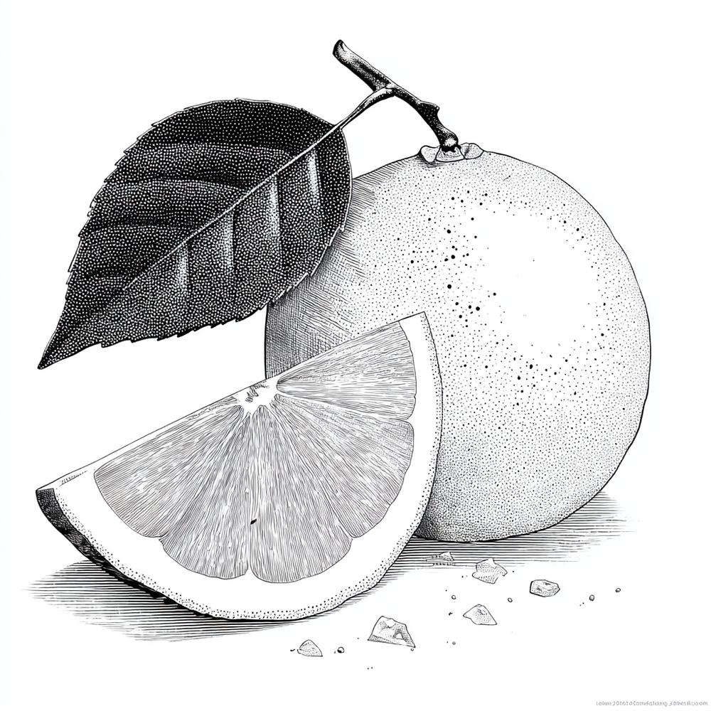 Black and white illustration of an orange with a slice and a leaf on a white background