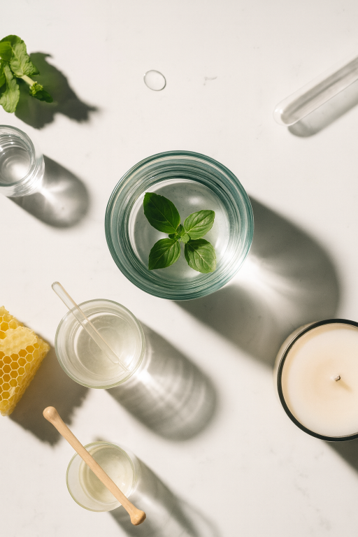 Glass of water with mint leaves, honeycomb, and candle on a light surface