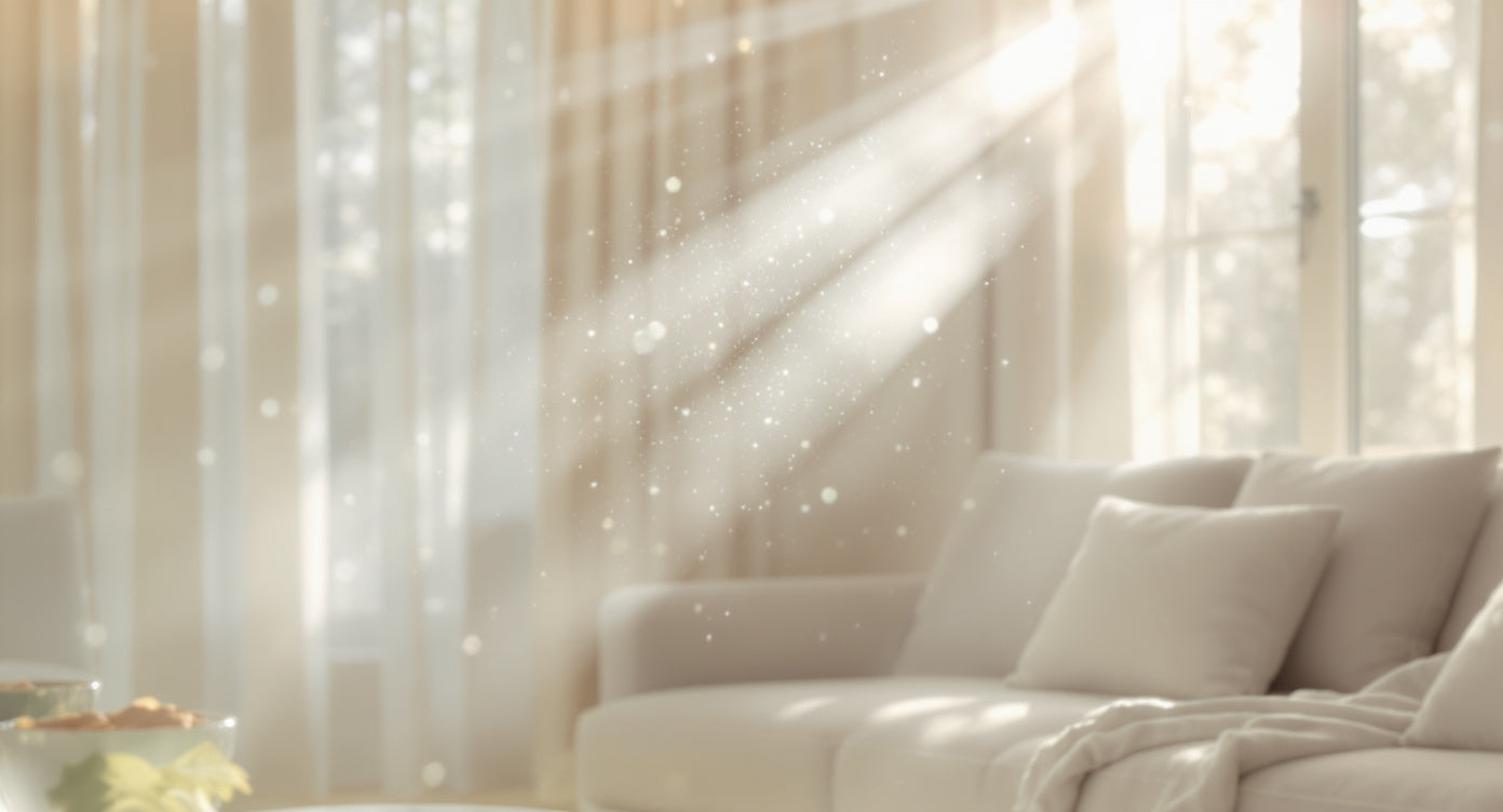 Light filtering through sheer curtains onto a white sofa with cushions.