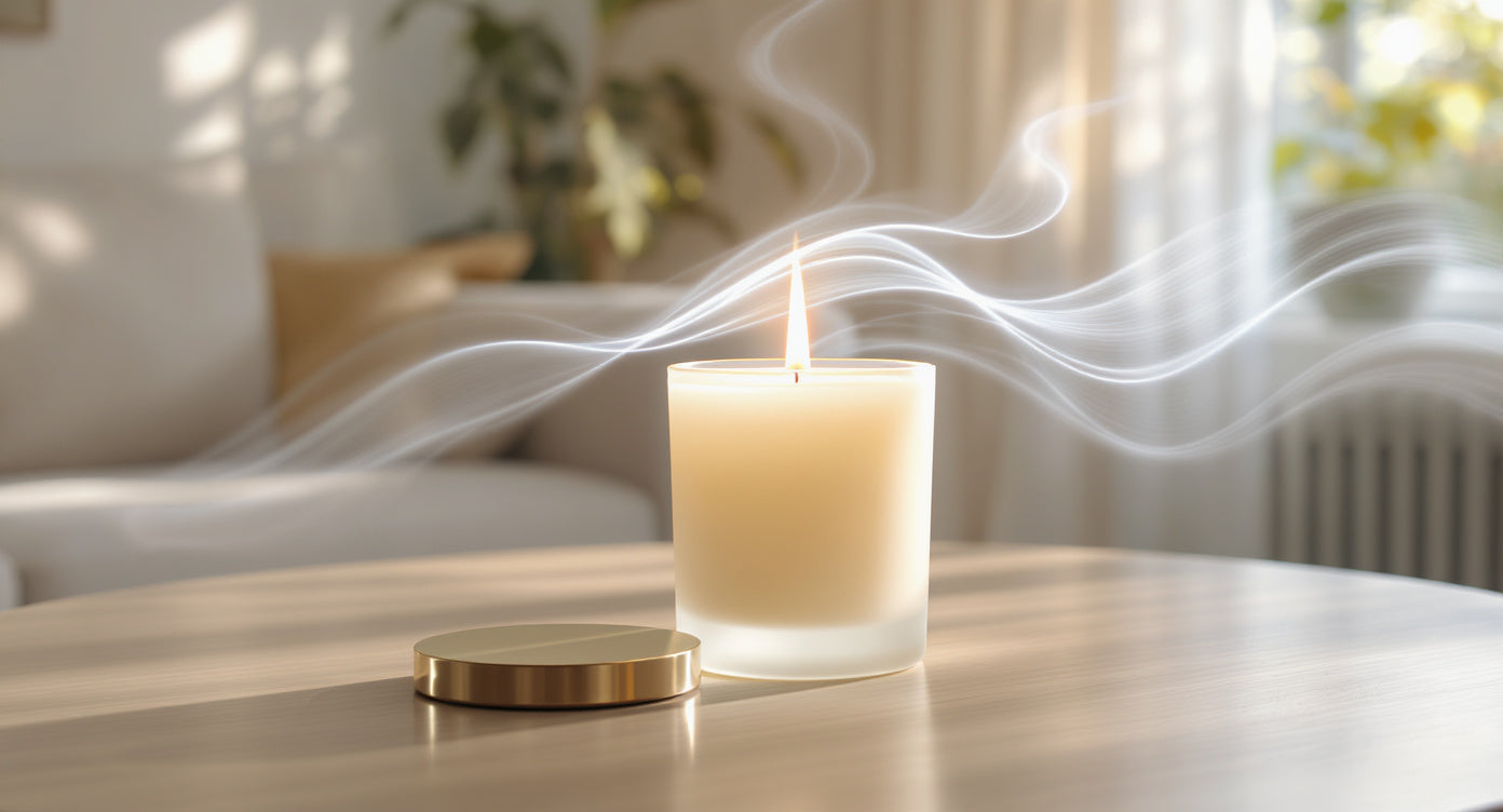 Candle with a small brass weight on a reflective surface, with a blurred indoor background.