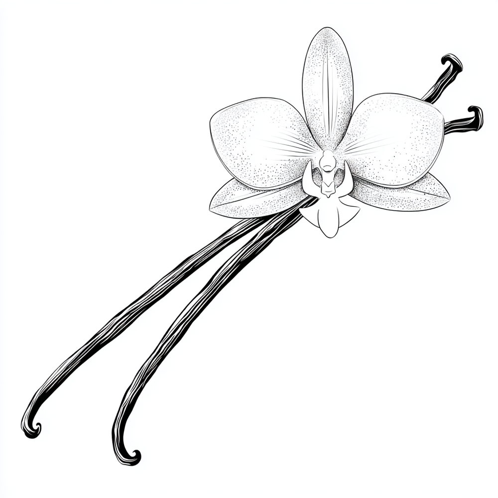 Black and white line drawing of an orchid flower with vanilla beans.