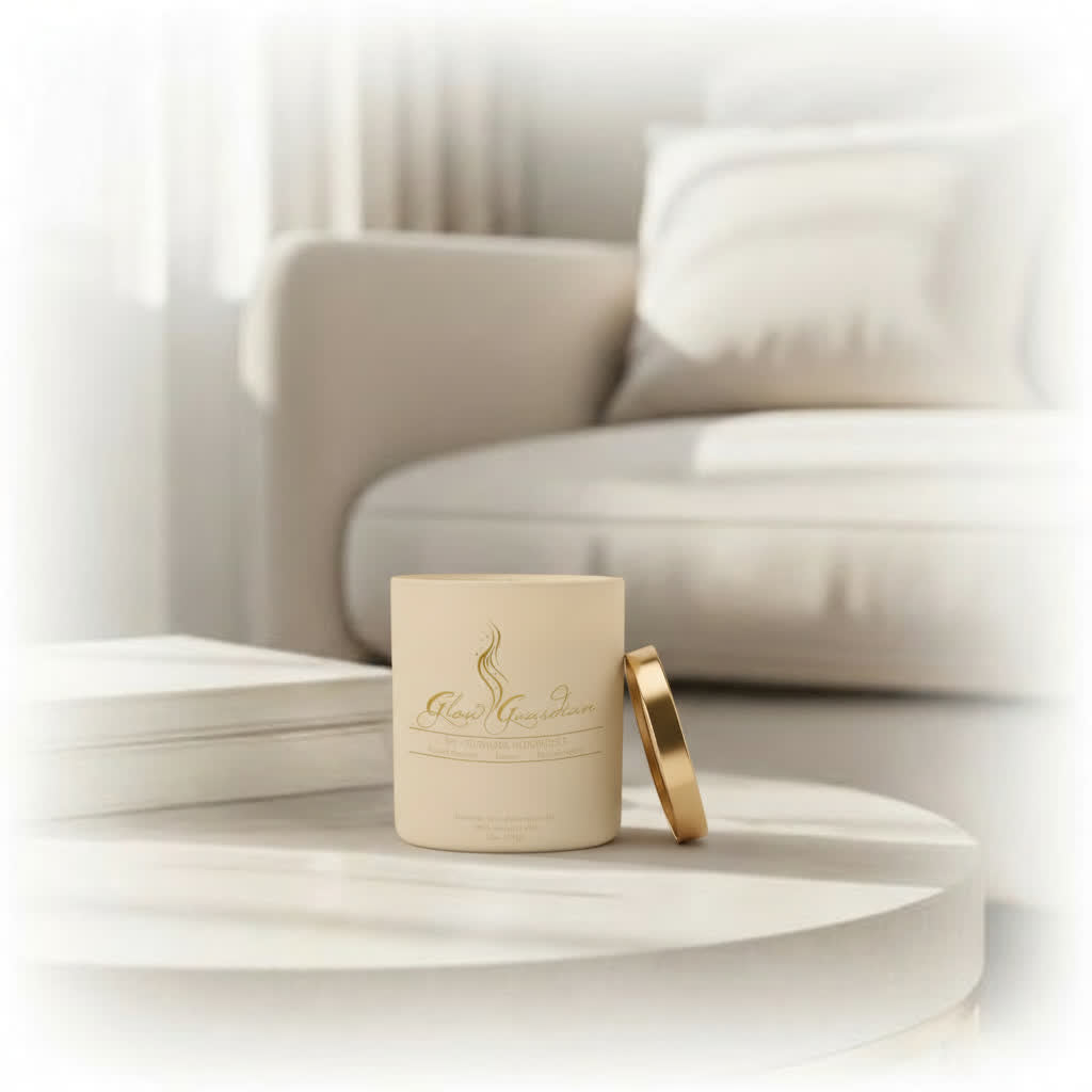 Beige candle with gold lid on a white surface with a blurred background